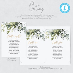 May include: Three printable table number cards featuring a watercolour design of green leaves and white flowers. The cards are labelled "table eight", "table one", and "table two". The text on the cards includes the names "Sarah Williams", "Alexandra Bradley", "James Preston", "Dillan Loughlin", "Heather Onstad", "William Hewitt", "Amanda Schrader", "Jason Andersson", "Rebecca Hawthorne", and "Michael Reed".