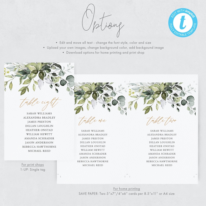 May include: Three printable table number cards featuring a watercolour design of green leaves and white flowers. The cards are labelled "table eight", "table one", and "table two". The text on the cards includes the names "Sarah Williams", "Alexandra Bradley", "James Preston", "Dillan Loughlin", "Heather Onstad", "William Hewitt", "Amanda Schrader", "Jason Andersson", "Rebecca Hawthorne", and "Michael Reed".