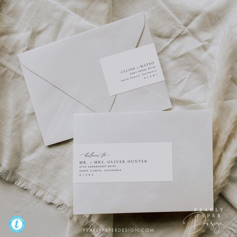 May include: A white envelope with two address labels. The top label reads "CELINE + MATEO 3501 Salzer Drive Santa Clarita, California 91383". The bottom label reads "deliver to MR. + MRS. OLIVER HUNTER 4745 SANDHEARST DRIVE SANTA CLARITA, CALIFORNIA 91383".