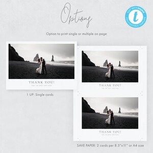 May include: Wedding thank you card template with a black and white photo of a couple on a beach. The card reads "THANK YOU! FOR THE BEST DAY EVER." Options to print single or multiple cards are available.