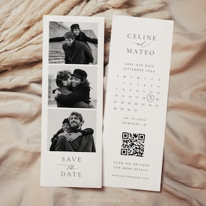 Fotostreifen Save the Date Vorlage mit QR-Code und Kalender, Photobooth Save the Date Karte, Minimalistisch Save the Date Einladung #CELINE