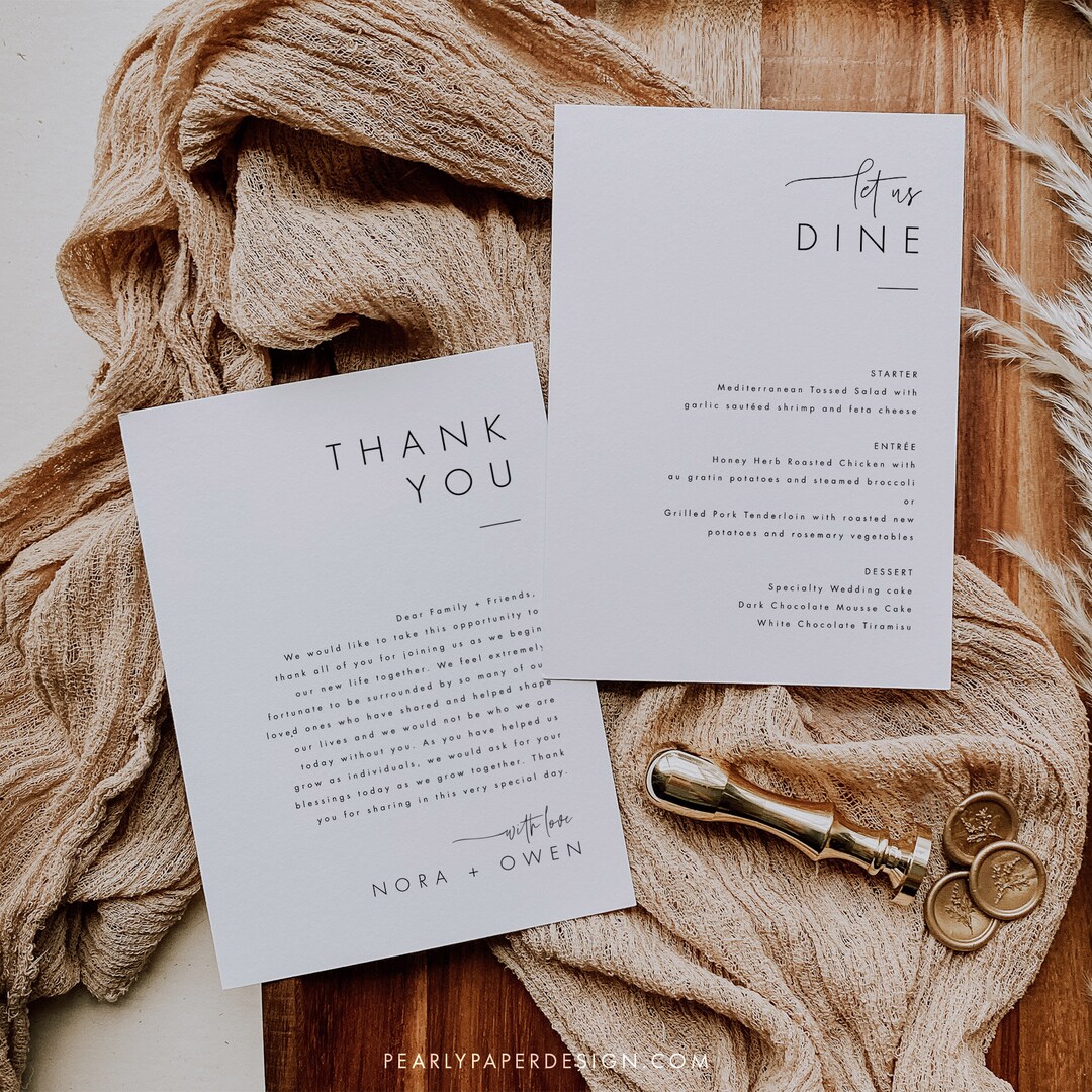 Df Note On Menu Thank You and Menu Template, Minimalist Wedding Menu, Napkin Note Menu ...