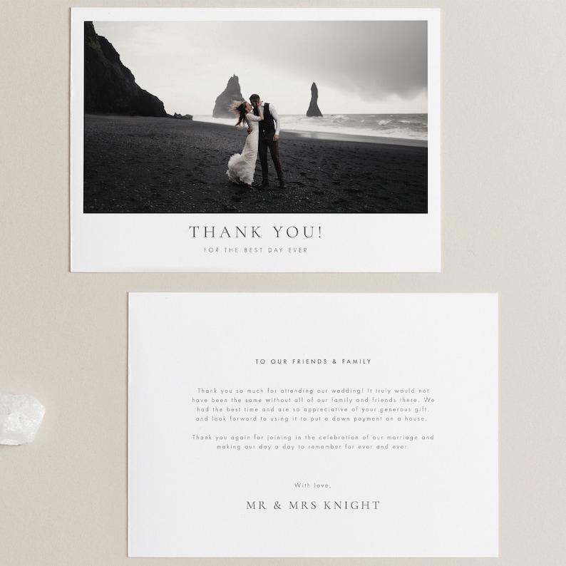 May include: Wedding thank you cards with a black and white photo of a couple on a beach. The top card reads "THANK YOU! FOR THE BEST DAY EVER." The bottom card has a message to friends and family, signed "MR & MRS KNIGHT."