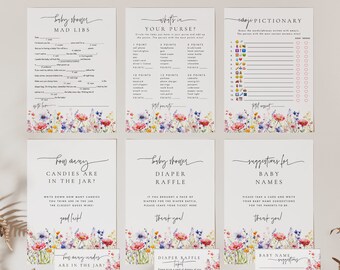 Peut inclure: Ensemble de cartes de jeux pour une baby shower avec des motifs floraux à l'aquarelle. Les jeux incluent Mad Libs, "What's in Your Purse ?", Emoji Pictionary et une tombola de couches. Les cartes ont un fond blanc avec des fleurs colorées.