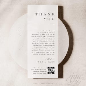 Wedding Thank You Note with QR Code, Elegant Thank You Table Cards, Modern Thank You Card, Place Setting Note, Editable Templett #ISSA