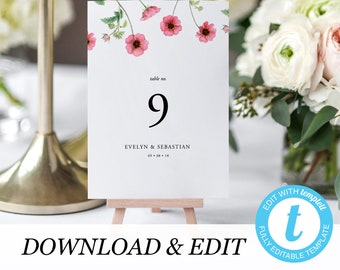 Printable Table Number Card Wedding Table Number Editable Template Instant download Blush Florals Rustic Boho Pink flowers