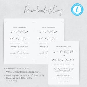 May include: A printable wedding invitation template with a simple, elegant design. The invitation features the names "Sarah Wright" and "Charles Taylor" in a script font, along with the date and time of the wedding. The text "Together with their family" is included at the top of the invitation.