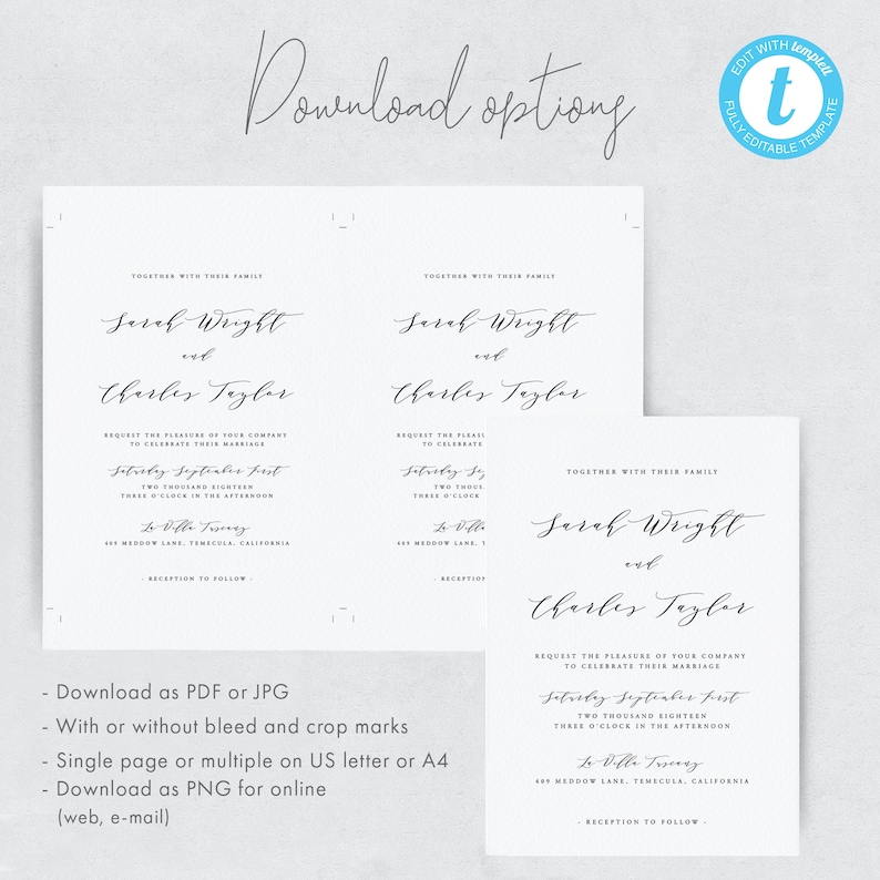 May include: A printable wedding invitation template with a simple, elegant design. The invitation features the names "Sarah Wright" and "Charles Taylor" in a script font, along with the date and time of the wedding. The text "Together with their family" is included at the top of the invitation.