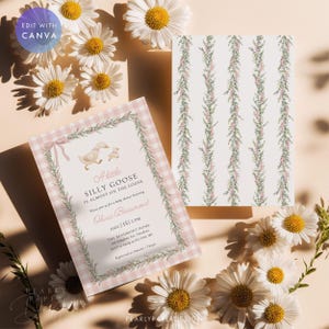 May include: Baby shower invitation with a pink gingham border and floral accents. The invitation features a cartoon goose and the text "A little silly goose is almost on the loose." Daisies and a patterned card are also visible.