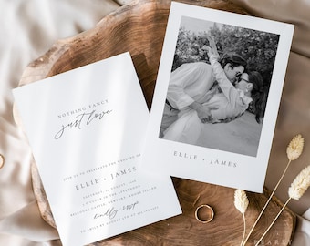 May include: A wedding invitation with a black and white photo of a couple embracing. The invitation reads "Nothing fancy just love" and includes the couple's names, Ellie and James, the date and time of the wedding, and the location: Belcourt Castle, Newport, Rhode Island.