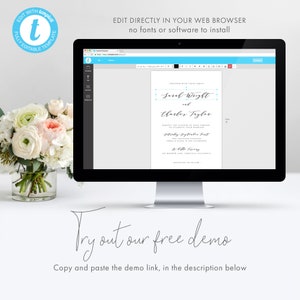 May include: A computer screen displaying a wedding invitation template with the text "Sarah Wright and Charles Taylor" in a black font. The text "Try out our free demo" is displayed below the computer screen.