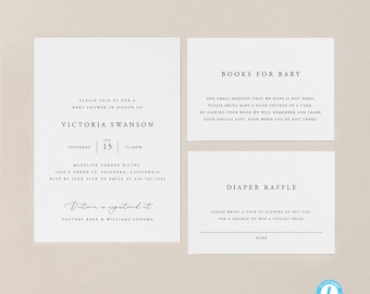 May include: A white invitation card for a baby shower in honour of Victoria Swanson. The shower will be held on Saturday, 15th July at 12:50 PM at Madeline Garden Bistro in Pasadena, California. The invitation also includes information about a diaper raffle and a request for guests to bring a book instead of a card.