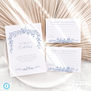 Blauwe bloemen familietradities teken en kaart, modern babyshowerspel, kindertradities, bewerkbaar babyshowerspel, Templett #077