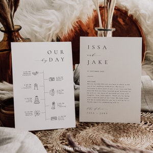 Bearbeitbare Hochzeitstag-Timeline-Kartenvorlage, minimalistischer Hochzeitsplan, druckbare Karte zur Reihenfolge der Ereignisse, Hochzeitsplaner für Symbole #ISSA