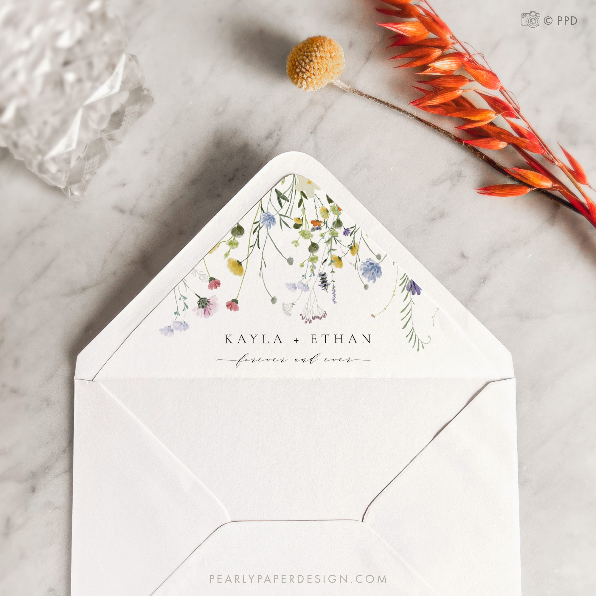Floral Envelope Liner Template, Wildflower Liner, Monogram Envelope Liner, Printable Liner, Personalized Envelope Liner, Templett #073