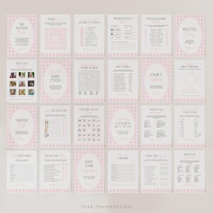 May include: A set of baby shower game cards in pink and white, each with a different game title like "Baby Names" and "Word Search". The cards are decorated with a gingham pattern and elegant text, perfect for a baby shower.