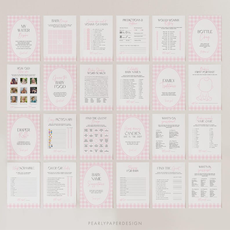 May include: A set of baby shower game cards in pink and white, each with a different game title like "Baby Names" and "Word Search". The cards are decorated with a gingham pattern and elegant text, perfect for a baby shower.
