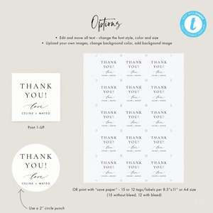 May include: Printable thank you tags with the text "Thank You! Love Celine + Mateo" in a simple, modern font. The tags are shown in both square and circle shapes, with instructions to print 1-up or use a 2-inch circle punch.