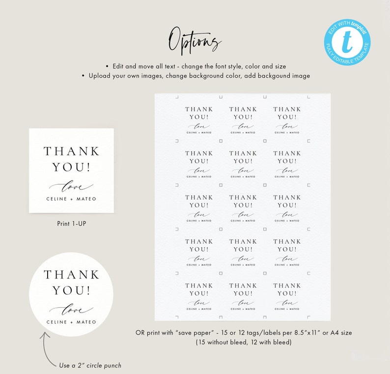 May include: Printable thank you tags with the text "Thank You! Love Celine + Mateo" in a simple, modern font. The tags are shown in both square and circle shapes, with instructions to print 1-up or use a 2-inch circle punch.