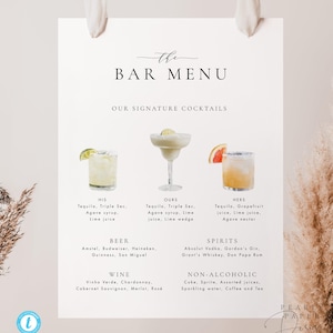 Bar Menü Vorlage Signatur Cocktails Zeichen Download Elegantes druckbares Hochzeit Bar Zeichen Modernes Zeichen Signature Drink Zeichen Templett