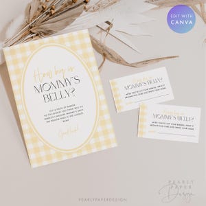 Może przedstawiać: Zestaw gier na baby shower z ż&oacute;łtym wzorem w kratkę. Na gł&oacute;wnej karcie widnieje napis "How big is Mommy's Belly?" z instrukcjami. Dołączone są r&oacute;wnież dwie mniejsze karty z tym samym tytułem i instrukcjami.