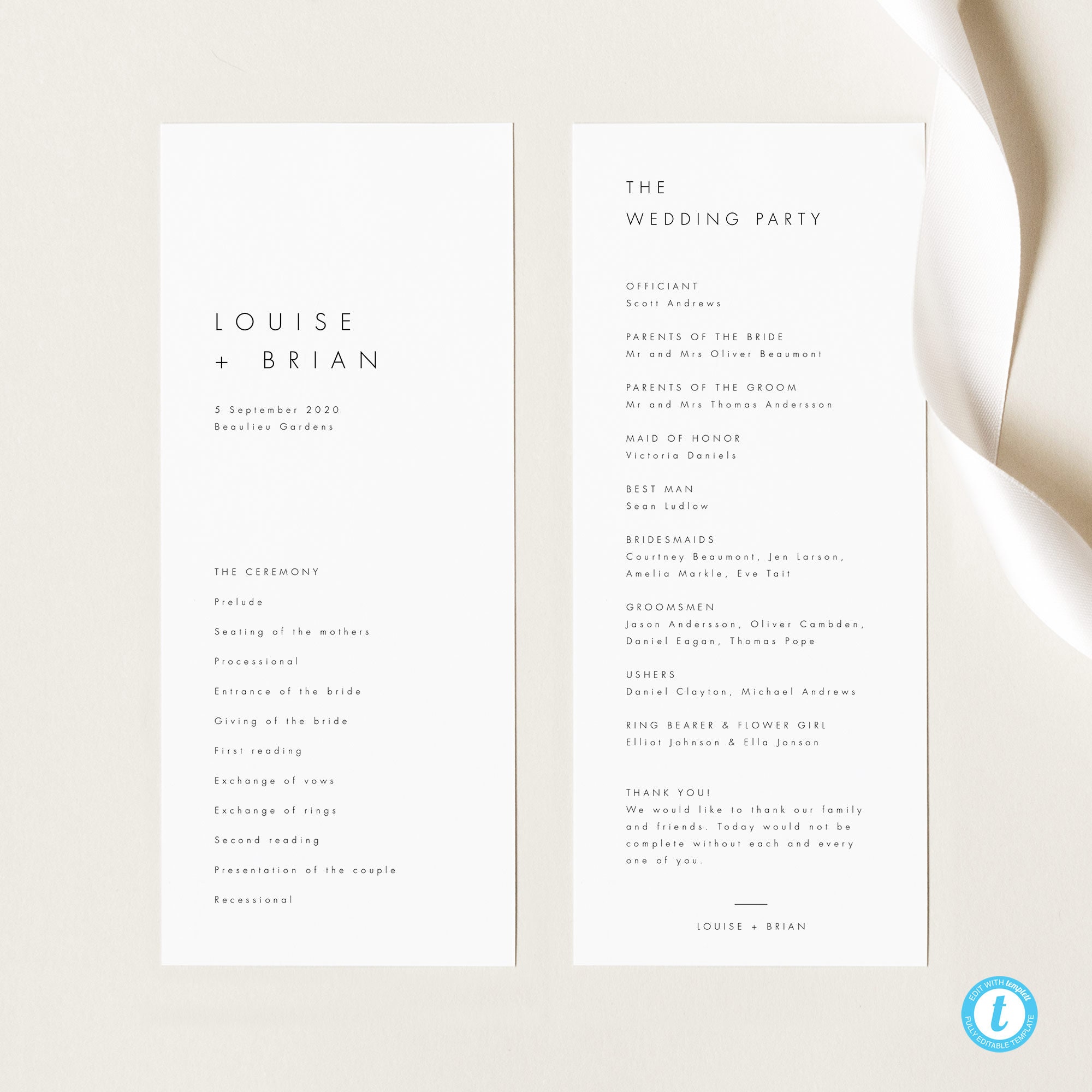 Minimalist Wedding Program Template Modern Ceremony Program Template ...