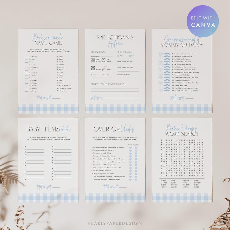 Puede incluir: Un conjunto de seis tarjetas de juegos para baby shower con un borde de cuadros azules. Los juegos incluyen "Baby's Name Game", "Predictions & Advice", "Guess Who Said Mommy or Daddy", "Baby Items ABC", "Over or Under" y "Baby Shower Word Search".
