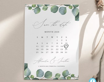 Greenery Calendar Save the Date Template Editable invite Eucalyptus save our date invitation Templett Calligraphy DIY instant download 04