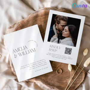 Minimalist Wedding Invitation with Photo RSVP QR Code, Minimal Invitation with QR Code, Online Rsvp and Details, Template Canva #AW01