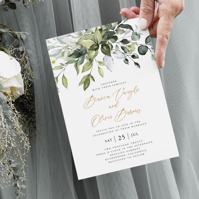 May include: A wedding invitation with a watercolor illustration of green leaves and branches. The invitation is for the wedding of Diasca Vaughn and Oliver Burrows on Saturday, July 25th, 2020 at 3:00 PM at Beaulieu Gardens in Rutherford, California. The invitation includes the text "Reception to follow."