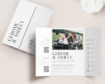 Ladda ner mall för bröllopsinbjudan med gatefold-utskrift, gatefold-utskrift med QR-kod, utskrivbar bröllopsinbjudan, modernt bröllopsinbjudningsset, mall #059