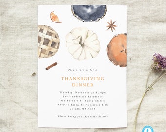 Könnte beinhalten: Eine Einladung zu einem Thanksgiving-Dinner mit Aquarell-Illustrationen von Kürbissen, Kuchen und Gewürzen. Die Einladung enthält Datum, Uhrzeit, Ort und RSVP-Informationen. Bitte schließen Sie sich uns zu einem Thanksgiving-Dinner an. Donnerstag, 20. November, 18:00 Uhr. Die Henderson Residence. 501 Berners St. Santa Clarita. RSVP an Emma bis zum 15. November unter 626-785-5345. Bitte bringen Sie Ihr Lieblingsdessert mit.