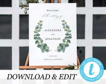 Eukalyptus Hochzeit Herzlichen Willkommen Zeichen Vorlage Druckbares Hochzeit Willkommensschild Hochzeit Zeichen Sofort download Templett 04