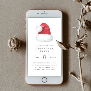 May include: A digital invitation for a Christmas party with a watercolor illustration of a Santa hat. The invitation includes the date, time, and location of the party. RSVP by December 5th to Emma at 626-785-5345.