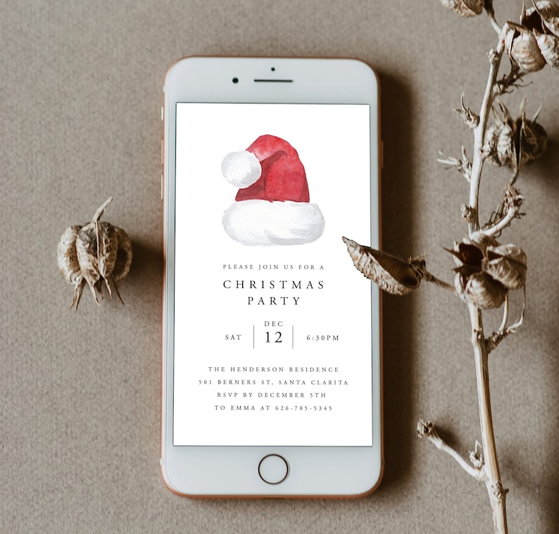 May include: A digital invitation for a Christmas party with a watercolor illustration of a Santa hat. The invitation includes the date, time, and location of the party. RSVP by December 5th to Emma at 626-785-5345.