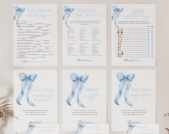 Blue Baby Shower Game Bundle, Blue Bow Baby Game Bundle Template, Coquette Baby Boy Game Download, Editable Shower Game #bl088