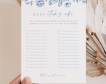Baby Shower ABC Game Template, Blue Floral Baby Item Letter Game, Printable Baby Shower Game, Vintage Floral Baby Shower Activity Game #077