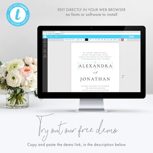 May include: A computer monitor displays a wedding invitation template with the names "Alexandra" and "Jonathan." The text "Edit directly in your web browser" is visible. A bouquet of flowers sits to the left. The words "Try out our free demo" are written below.