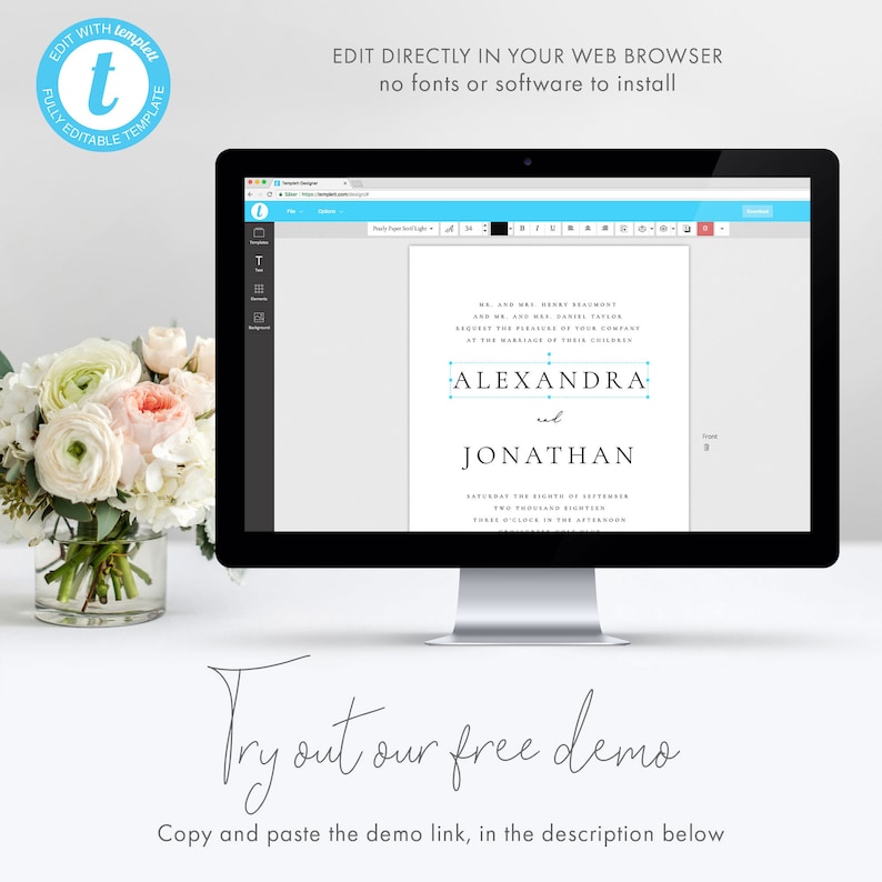May include: A computer monitor displays a wedding invitation template with the names "Alexandra" and "Jonathan." The text "Edit directly in your web browser" is visible. A bouquet of flowers sits to the left. The words "Try out our free demo" are written below.