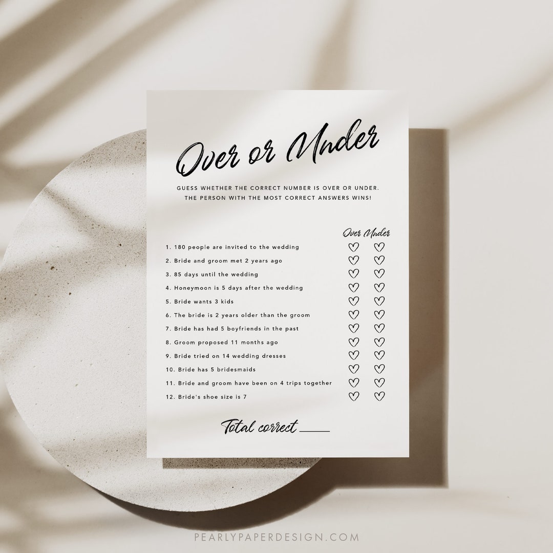 Over or Under Bridal Shower Game Template, Bridal Game Template ...