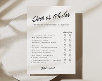 Over or Under Bridal Shower Game Template, Bridal Game Template, Printable Game, Minimalist Over or Under game, Printable Shower game #075