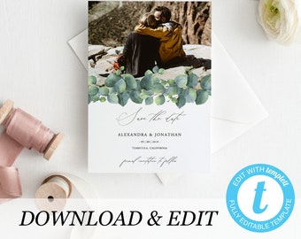 Photo Save the Date Template Printable Invitation, Templett, Eucalyptus Rustic wedding invites Wedding DIY instant download 04