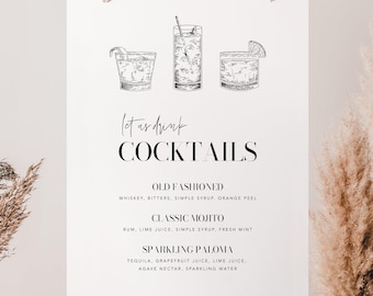 Plantilla imprimible para letrero de cócteles exclusivos, elegante letrero para bar de bodas, letrero moderno para bebidas, boceto de letrero para bebidas, Templett n.° 059