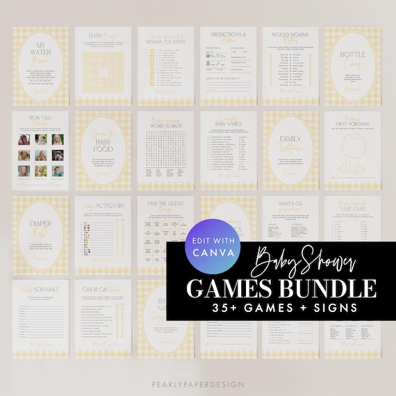 Yellow Gingham Baby Shower Games Bundle, Baby Shower Games Bundle, Yellow Plaid Baby Shower Games, Printable Baby Games, Canva #GH2506