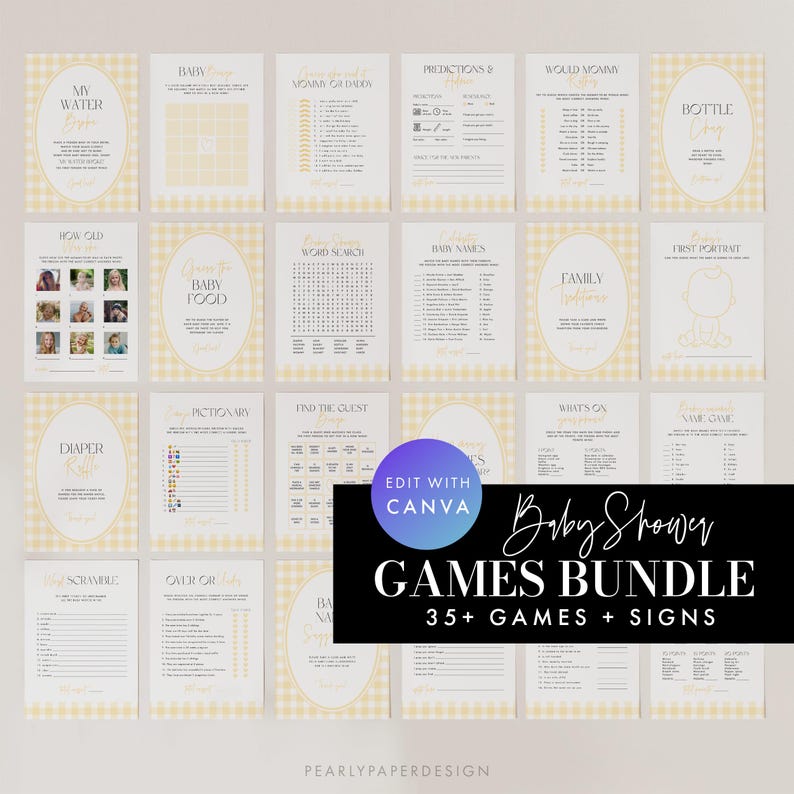 Yellow Gingham Baby Shower Games Bundle, Baby Shower Games Bundle