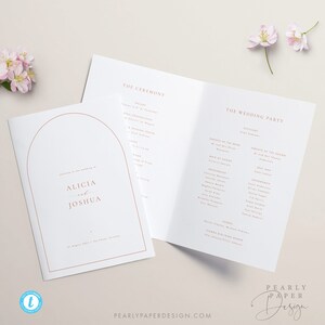 May include: A wedding ceremony program with a peach arch design. The program includes the order of the ceremony, the wedding party, and the names of the bride and groom, Alicia and Joshua. The program is printed on white paper with peach text.