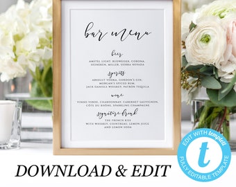 Wedding Bar Menu Template Bar sign Bar menu Signature drinks wedding bar sign Drinks menu sign Printable Instant download Templett