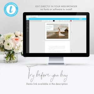 Puede incluir: Una pantalla de ordenador que muestra una plantilla de tarjeta de agradecimiento de boda. La plantilla presenta una foto de una novia y un novio en una playa con el texto "Thank You!" en un cuadro azul. El texto "Edit Directly in Your Web Browser" y "No fonts or software to install" se muestra encima de la plantilla. El texto "Try before you buy" y "Demo link available in the description" se muestra debajo de la pantalla del ordenador.