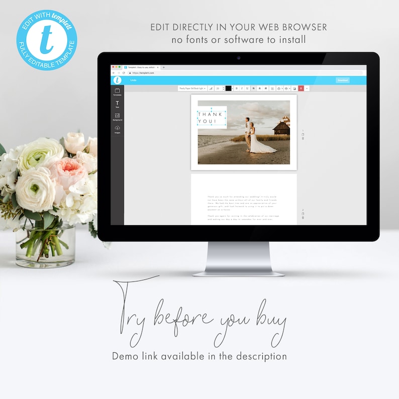 Puede incluir: Una pantalla de ordenador que muestra una plantilla de tarjeta de agradecimiento de boda. La plantilla presenta una foto de una novia y un novio en una playa con el texto "Thank You!" en un cuadro azul. El texto "Edit Directly in Your Web Browser" y "No fonts or software to install" se muestra encima de la plantilla. El texto "Try before you buy" y "Demo link available in the description" se muestra debajo de la pantalla del ordenador.