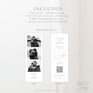 Puede incluir: Una tarjeta de invitaci&oacute;n de boda en blanco y negro con fotos y texto. La parte delantera presenta tres fotos y las palabras "Save the Date". La parte trasera incluye un calendario, nombres y un c&oacute;digo QR. La tarjeta mide 6,35 cm x 17,78 cm.